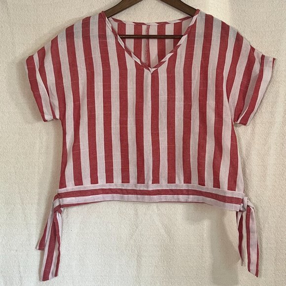 Candy Stripe Crop Top with Side Ties | Red & White Boxy Top with Dolman Sleeves - Picture 1 of 5
